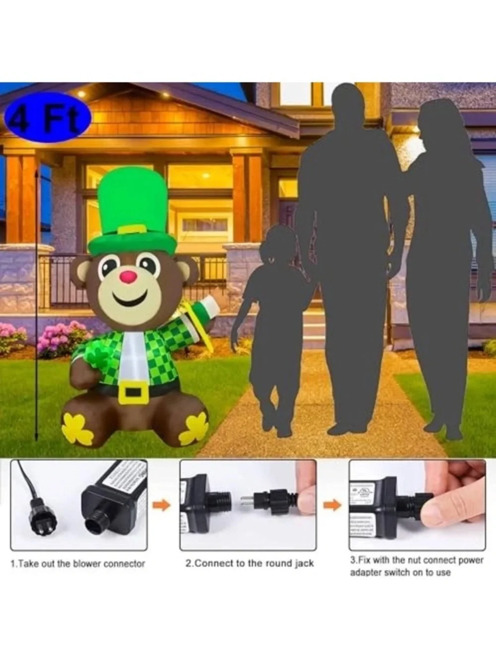 St Patricks Day Inflatable Bear Decoration LED Lighted Blow up for Home 4FT